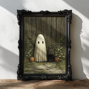 Cute Ghost and Black Cat Halloween Art Print– Whimsical Fall Decor, Spooky Cute
